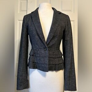 Women’s Loft Black Herringbone Long Sleeve Tiered Ruffle Blazer, Size: 4